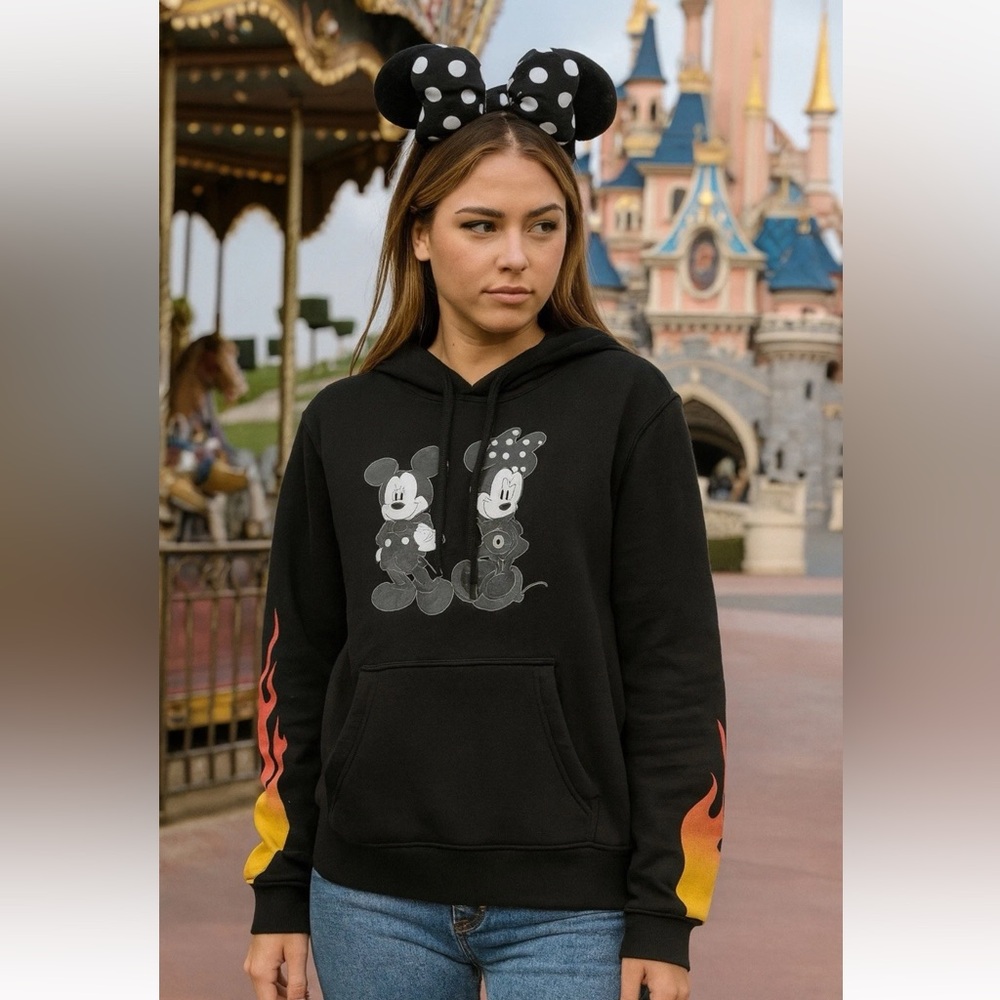 Disney Vans Hoodie XS Black Mickey Minnie Flames Sleeve Checkerboard Rare collab